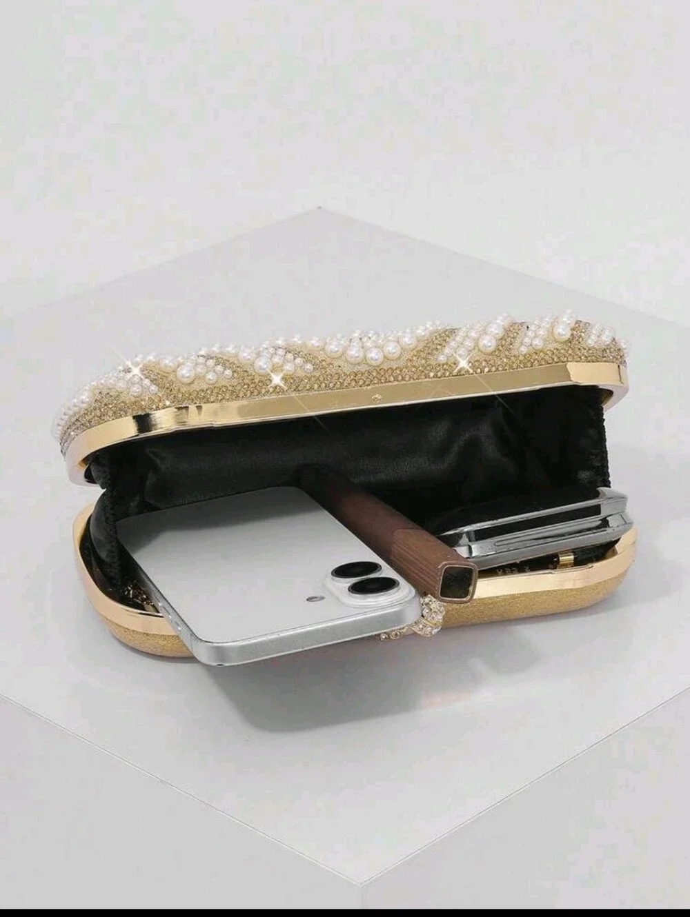 BRAND NEW ** Pearl-Embellished Gold Evening Clutch with Pearl Kiss-Lock